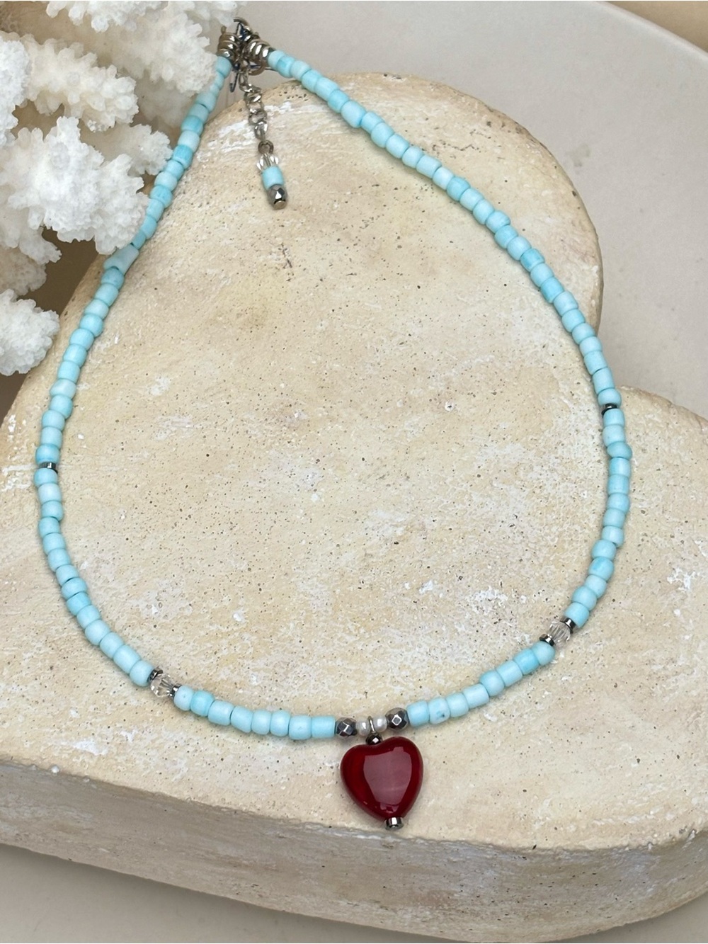 Blue necklace red heart handmade Gardgy fashion unique gift new with tag